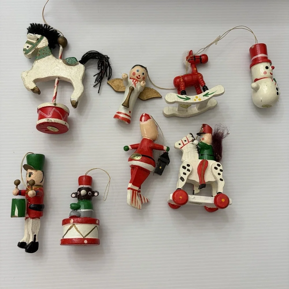 Vintage 70s 80s Wooden Christmas Tree Ornaments Lot Of 8 Folk‎ Art Angel Santa